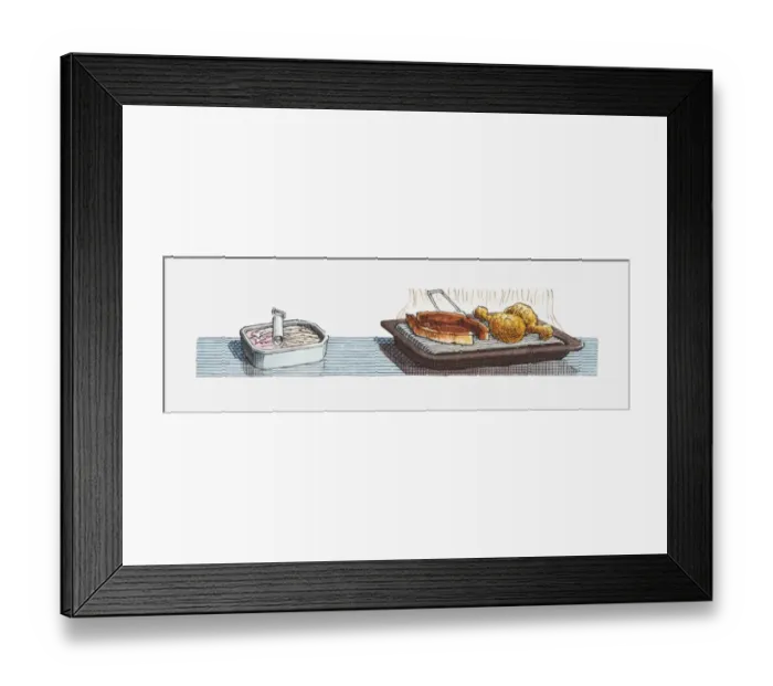 Framed Print : Illustration of open tin of sardines, pork chops and chicken drumsticks on grill tray
