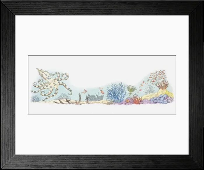 Framed Print : Illustration of sea life including octopus, shoal of fish, coral, and shipwreck in background