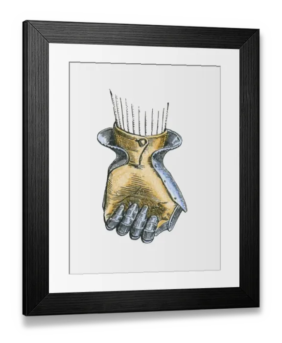 Framed Print : Illustration of leather gloved hand wearing gauntlet plates