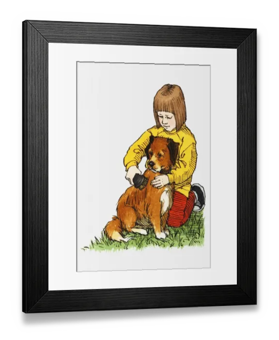 Framed Print : Illustration of of girl kneeling on grass as she brushes pet dog