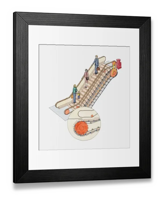 Framed Print : Cross section illustration of people on escalator and how it works Framed Print : Cross section illustration of people on escalator and how it works