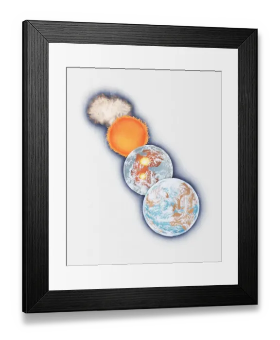 Framed Print : Series of illustrations showing formation of Planet Earth from cloud of gas and dust and ball of hot rock Framed Print : Series of illustrations showing formation of Planet Earth from cloud of gas and dust and ball of hot rock