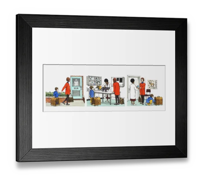 Framed Print : Sequence of illustration showing mother taking cat to vet with child Framed Print : Sequence of illustration showing mother taking cat to vet with child
