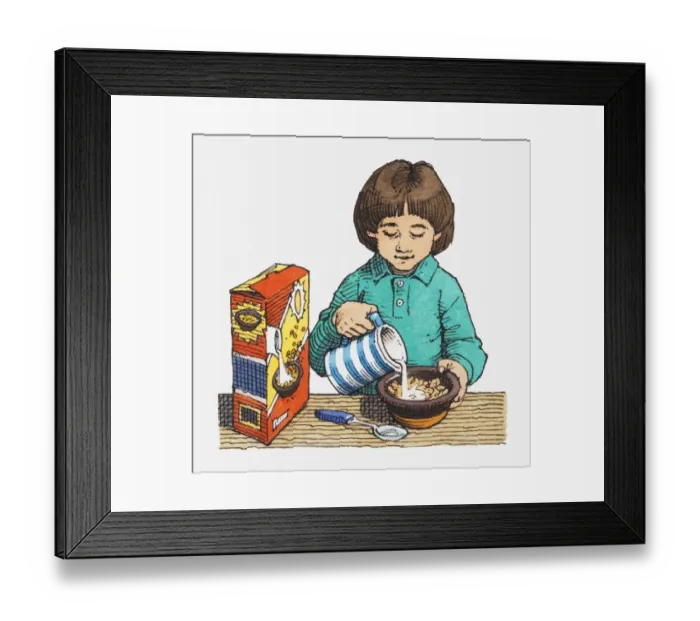Framed Print : Illustration of girl pouring milk from jug into bowl of cornflakes Framed Print : Illustration of girl pouring milk from jug into bowl of cornflakes