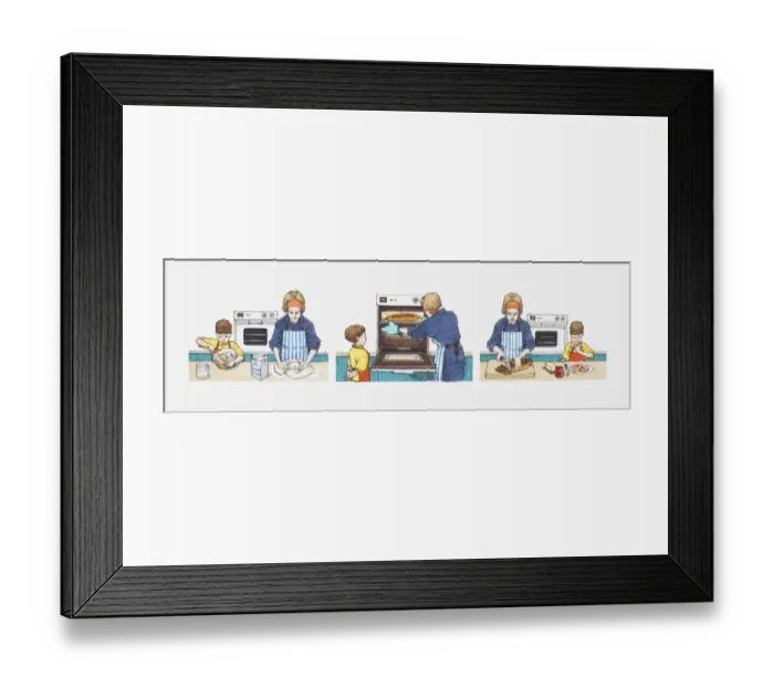 Framed Print : Series of illustrations of young daughter helping mother to prepare and cook food in cooking in kitchen Framed Print : Series of illustrations of young daughter helping mother to prepare and cook food in cooking in kitchen