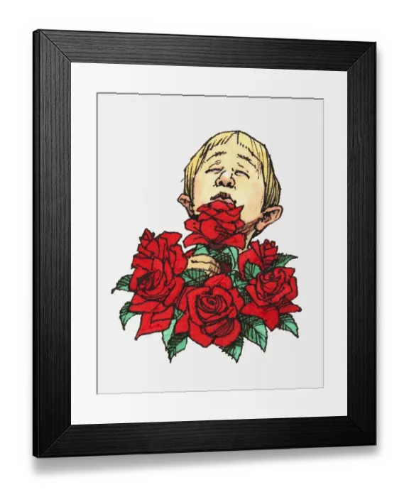Framed Print : Illustration of boy smelling red rose Framed Print : Illustration of boy smelling red rose