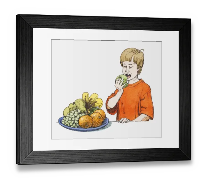 Framed Print : Illustration of boy with open mouth about to take bite out of a green apple Framed Print : Illustration of boy with open mouth about to take bite out of a green apple