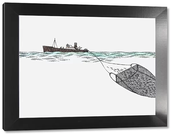 Illustration of trawler at sea dragging fishing net to catch fish