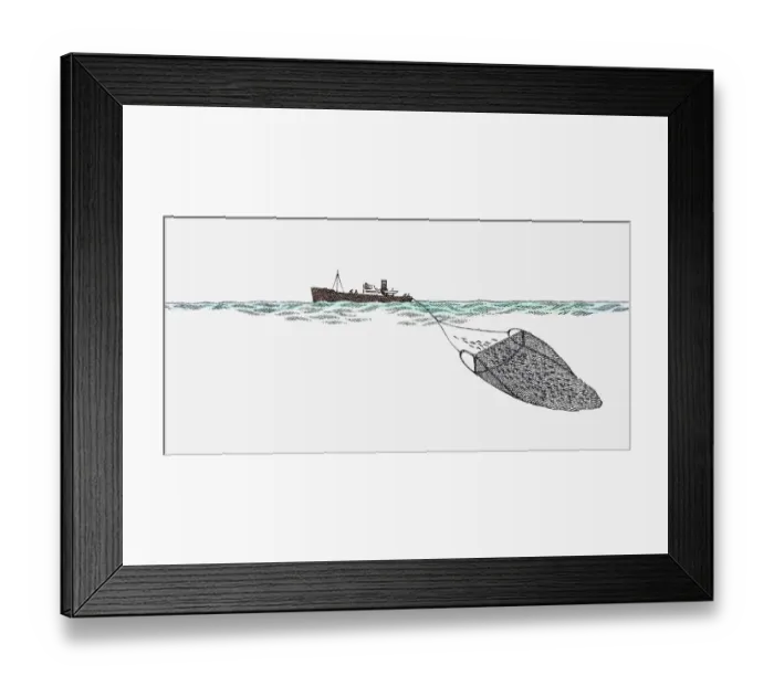 Framed Print : Illustration of trawler at sea dragging fishing net to catch fish Framed Print : Illustration of trawler at sea dragging fishing net to catch fish