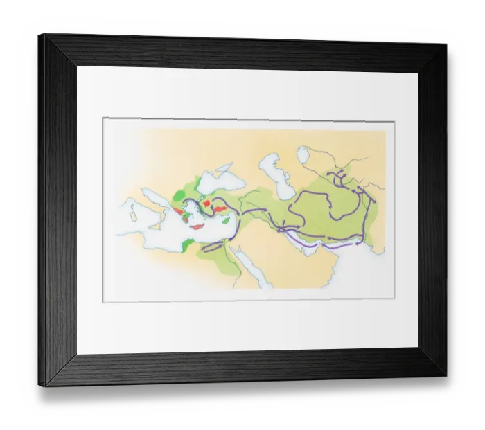 Framed Print : Illustration of Alexander the Greats route in purple and Empire in green Framed Print : Illustration of Alexander the Greats route in purple and Empire in green