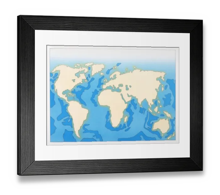 Framed Print : Illustration of map showing deep sea areas of the world Framed Print : Illustration of map showing deep sea areas of the world