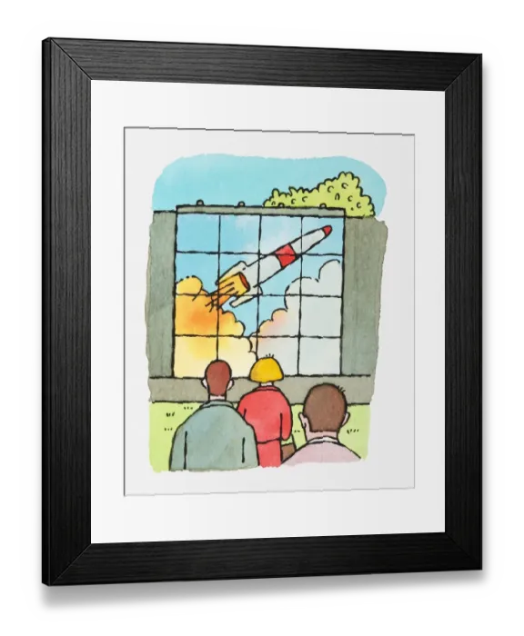 Framed Print : Illustration of people looking at large screen showing rocket taking off Framed Print : Illustration of people looking at large screen showing rocket taking off