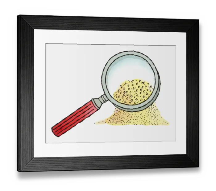 Framed Print : Illustration of using magnifying glass to look closely at grains of sand in heap
