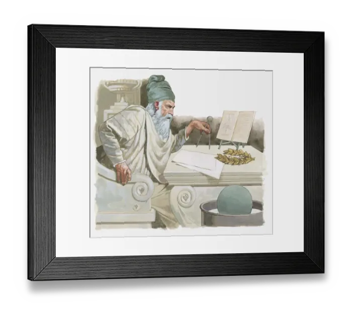 Framed Print : Illustration of Archimedes discovering how to measure volume and working out how things float Framed Print : Illustration of Archimedes discovering how to measure volume and working out how things float