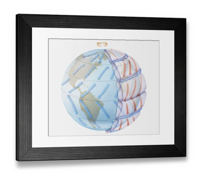 Framed Print : Illustration of global wind formation through rotation and deflection (Coriolis effect) Framed Print : Illustration of global wind formation through rotation and deflection (Coriolis effect)