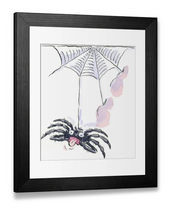 Framed Print : Cartoon of large spider hanging from web and sticking tongue out Framed Print : Cartoon of large spider hanging from web and sticking tongue out