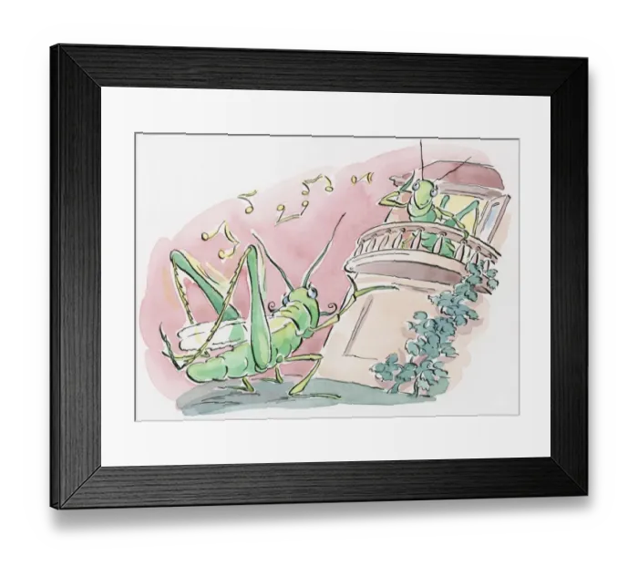 Framed Print : Cartoon of grasshopper attracting a mate by rubbing its back legs to chirp as she looks down from balcony Framed Print : Cartoon of grasshopper attracting a mate by rubbing its back legs to chirp as she looks down from balcony