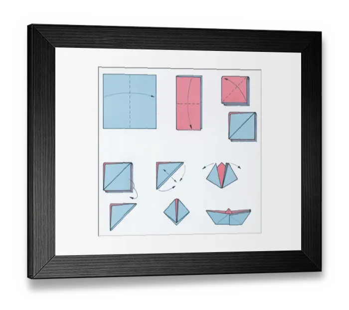 Framed Print : Sequence of illustrations showing how to make a pink and blue paper boat Framed Print : Sequence of illustrations showing how to make a pink and blue paper boat
