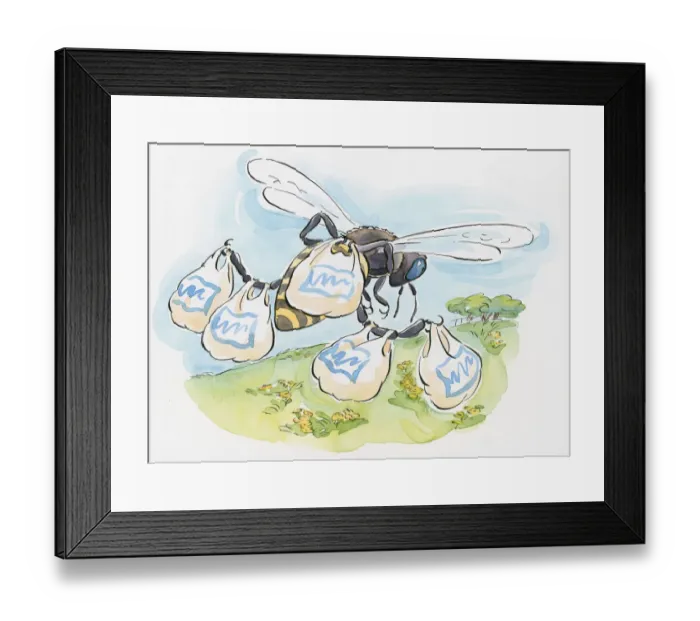 Framed Print : Cartoon of worker bee carrying shopping bags containing pollen on legs as it flies to hive Framed Print : Cartoon of worker bee carrying shopping bags containing pollen on legs as it flies to hive