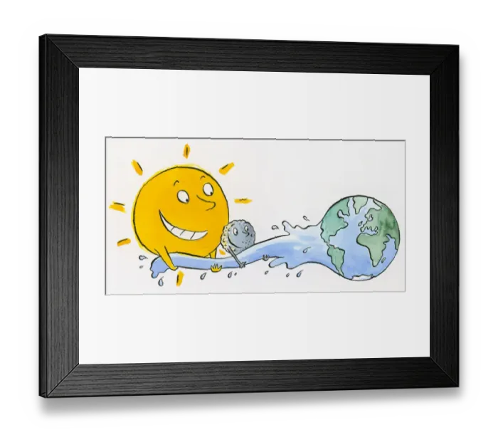 Framed Print : Cartoon of smiling sun catching sea as it flows from globe of the word Framed Print : Cartoon of smiling sun catching sea as it flows from globe of the word