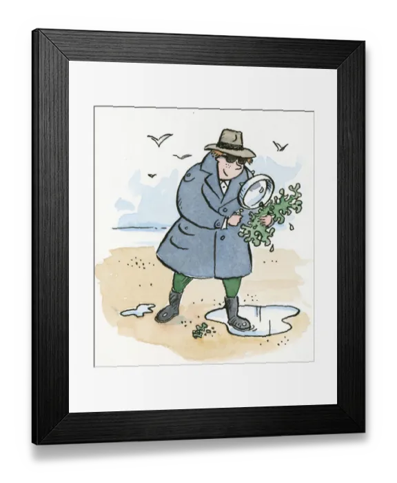 Framed Print : Cartoon of man dressed as detective looking at seaweed through magnifying glass Framed Print : Cartoon of man dressed as detective looking at seaweed through magnifying glass