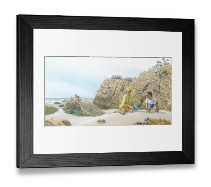 Framed Print : Illustration of children on beach on rocky coastline with birds, flora and sea life Framed Print : Illustration of children on beach on rocky coastline with birds, flora and sea life