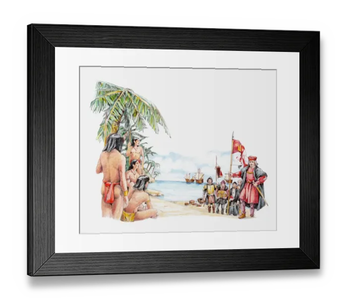 Framed Print : Illustration of Carib and Arawak people greeting Christopher Columbus on his arrival in Caribbean Framed Print : Illustration of Carib and Arawak people greeting Christopher Columbus on his arrival in Caribbean