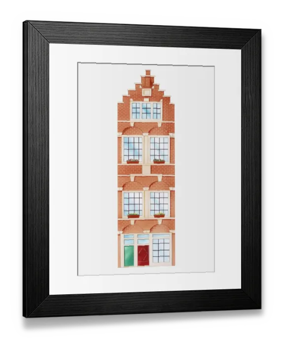 Framed Print : Illustration of facade of typical Amsterdam house with stepped gable Framed Print : Illustration of facade of typical Amsterdam house with stepped gable