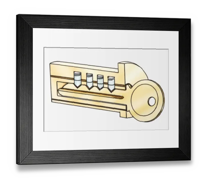Framed Print : Cross section iIllustration of key in lock Framed Print : Cross section iIllustration of key in lock