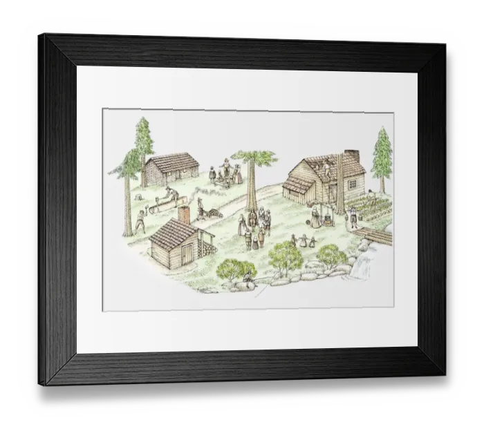 Framed Print : Illustration of New England pilgrim settlement Framed Print : Illustration of New England pilgrim settlement
