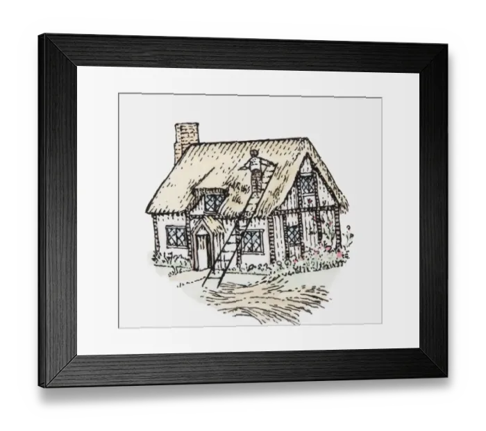 Framed Print : Illustration of man thatching cottage roof Framed Print : Illustration of man thatching cottage roof