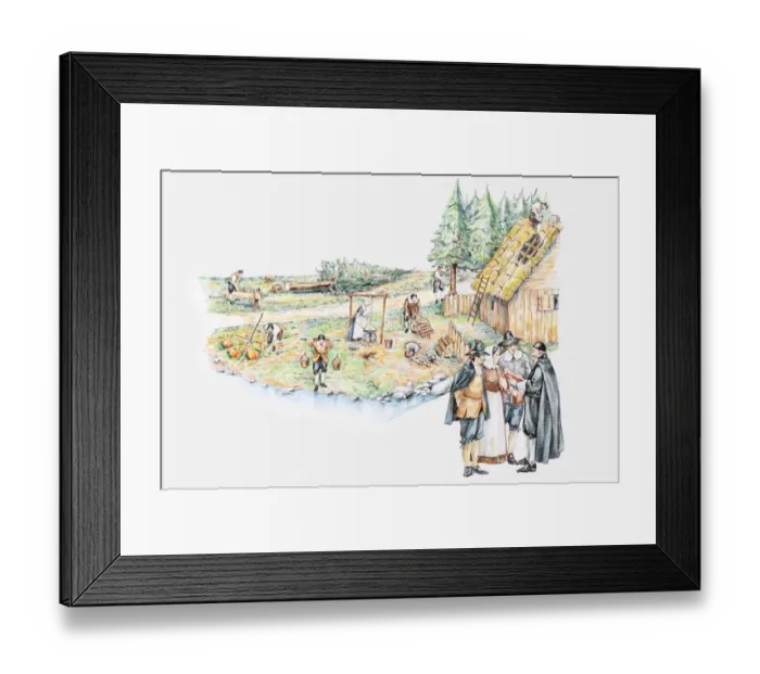 Framed Print : Illustration of daily life of pilgrim settlers and holding prayer meeting in Plymouth Massachusetts Framed Print : Illustration of daily life of pilgrim settlers and holding prayer meeting in Plymouth Massachusetts