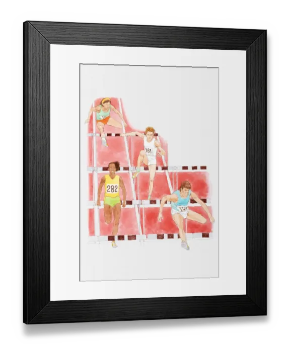 Framed Print : Illustration of male athletes hurdling in race Framed Print : Illustration of male athletes hurdling in race