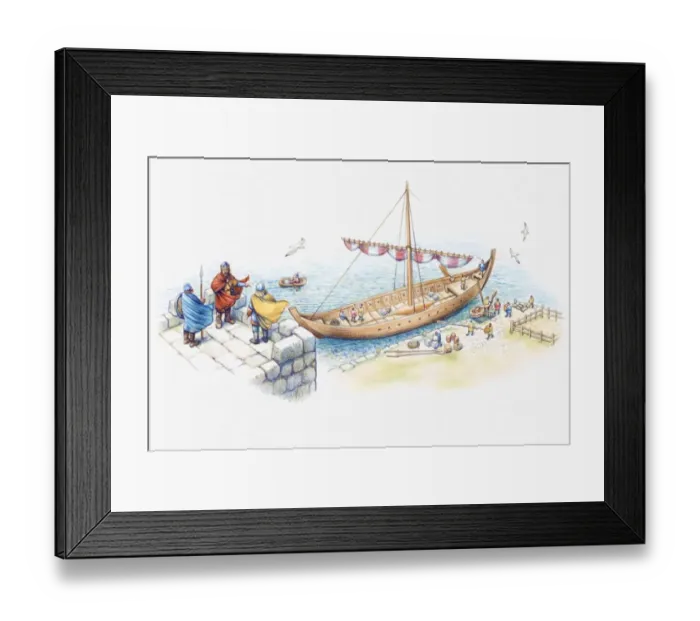 Framed Print : Illustration of one of Alfred the Greats ships moored on coastline to guard against Viking invasion Framed Print : Illustration of one of Alfred the Greats ships moored on coastline to guard against Viking invasion