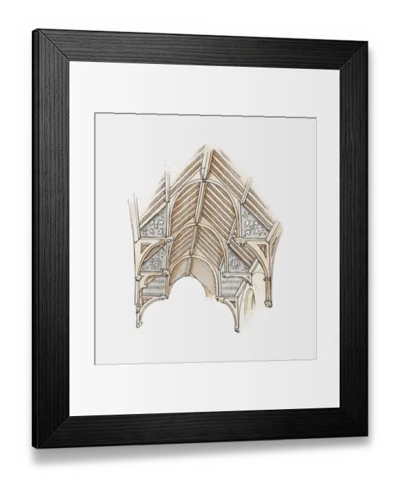 Framed Print : Illustration of a hammerbeam roof, Church of St Botolph, Trunch, Norfolk, England