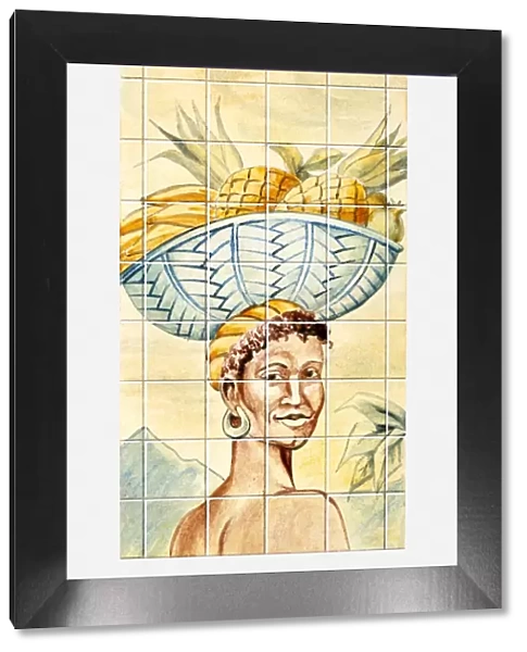 Illustration of Caribbean woman carrying basket of fruit on head