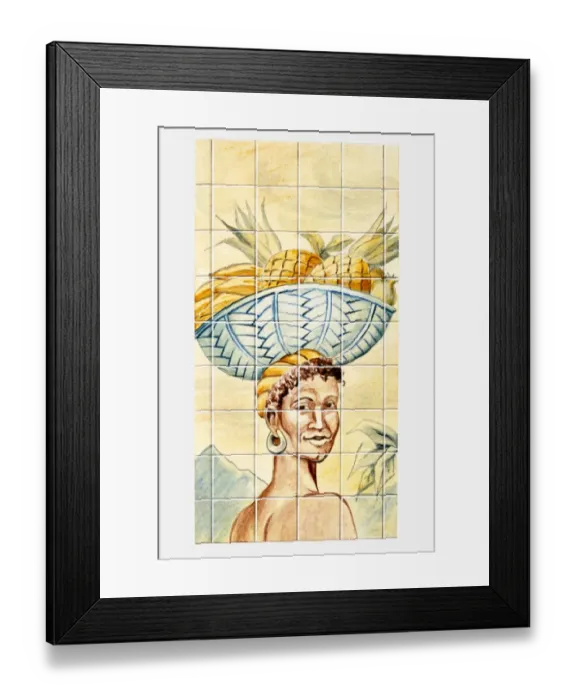 Framed Print : Illustration of Caribbean woman carrying basket of fruit on head