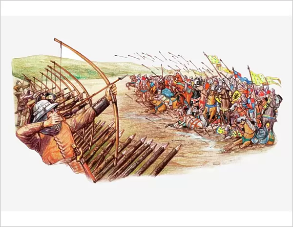 Illustration of English and Welsh archers using cross bows against attacking French army during Hundred Years War