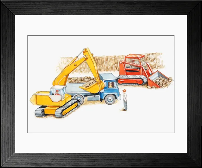 Framed Print : Illustration of men moving rocks using mechanical digger Framed Print : Illustration of men moving rocks using mechanical digger