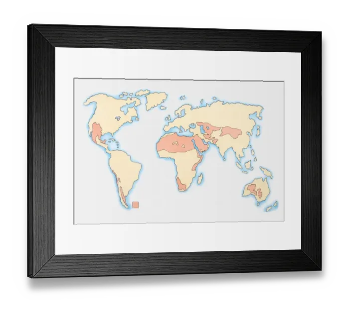 Framed Print : Illustration of world map showing areas of desertification Framed Print : Illustration of world map showing areas of desertification