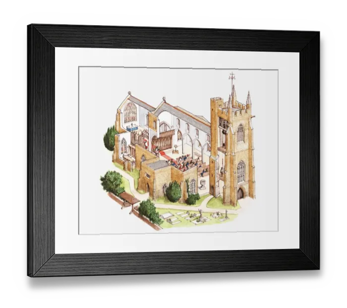 Framed Print : Cross section llustration of parish church showing bell tower and congregation Framed Print : Cross section llustration of parish church showing bell tower and congregation