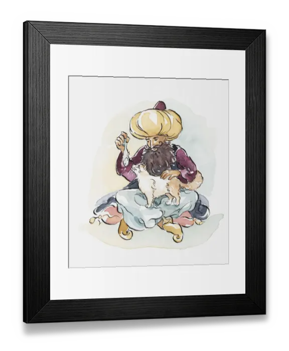 Framed Print : Illustration of man wearing a turban feeding a fish to a Turkish van cat, also known as Turkish swimming cat