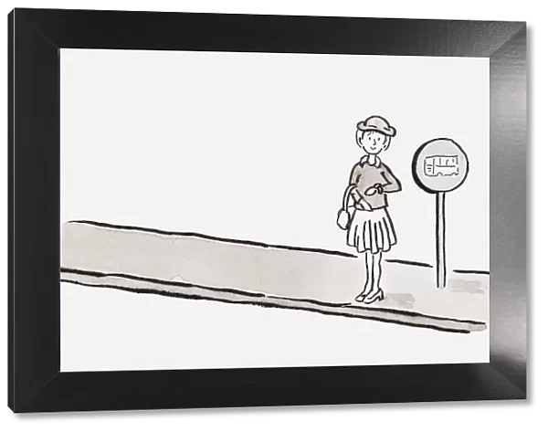 Black and white illustration of girl waiting at a bus stop
