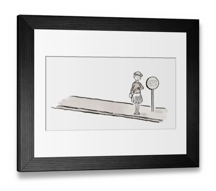 Framed Print : Black and white illustration of girl waiting at a bus stop Framed Print : Black and white illustration of girl waiting at a bus stop