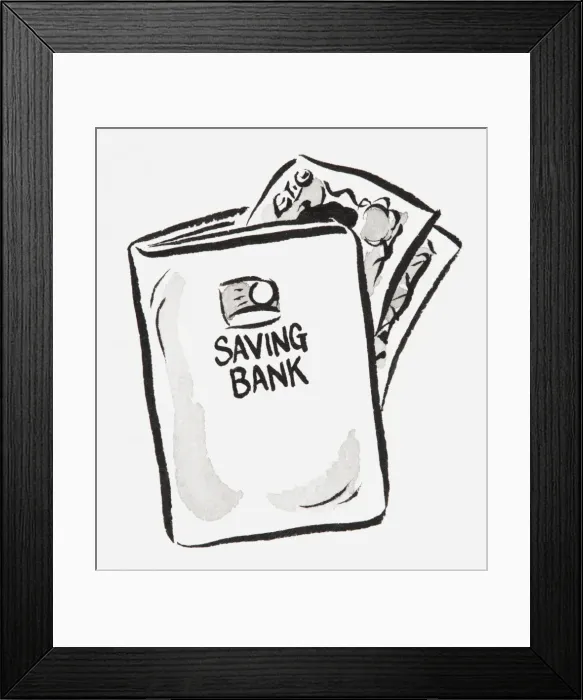 Framed Print : Illustration of bank book containing some banknotes Framed Print : Illustration of bank book containing some banknotes