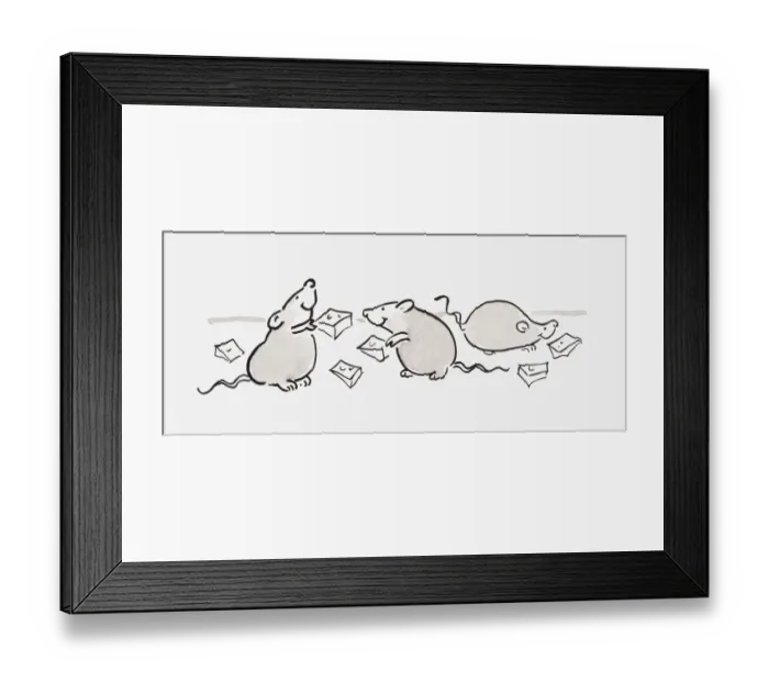 Framed Print : Black and white illustration of three mice eating cheese Framed Print : Black and white illustration of three mice eating cheese