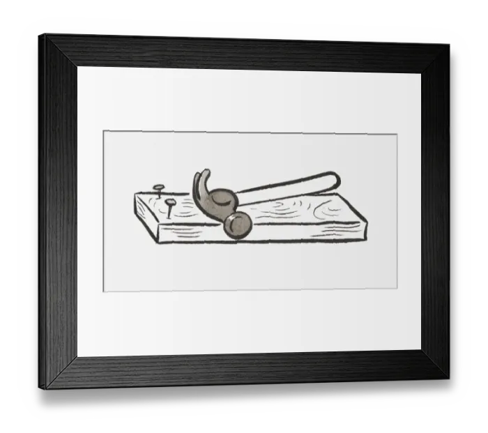 Framed Print : Black and white illustration of hammer on a board with two nails halfway in Framed Print : Black and white illustration of hammer on a board with two nails halfway in