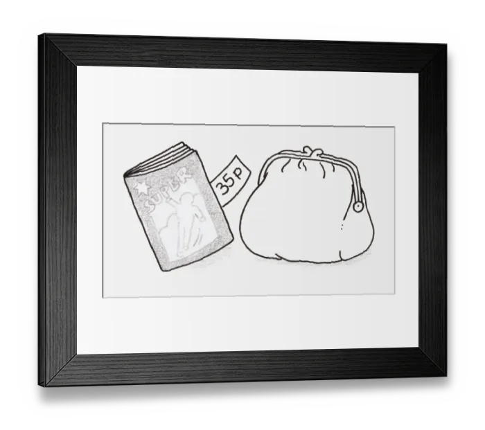 Framed Print : Black and white illustration of a comic book with a price tag sticking out, next to a purse Framed Print : Black and white illustration of a comic book with a price tag sticking out, next to a purse
