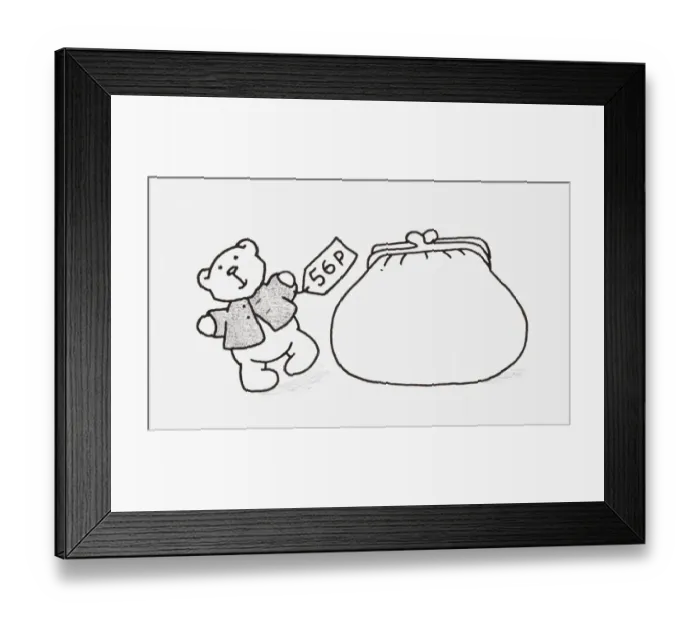 Framed Print : Black and white illustration of a small teddy with a price tag, next to a purse