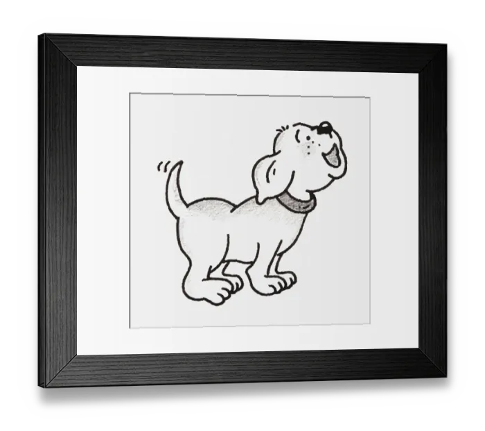 Framed Print : Black and white illustration of a small dog wagging tail, side view Framed Print : Black and white illustration of a small dog wagging tail, side view
